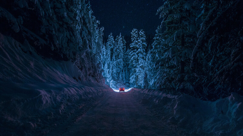 Car on Snowy Road — Blue, Serene