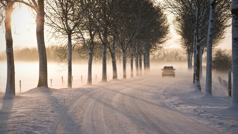 Car on Snowy Road — White, Serene