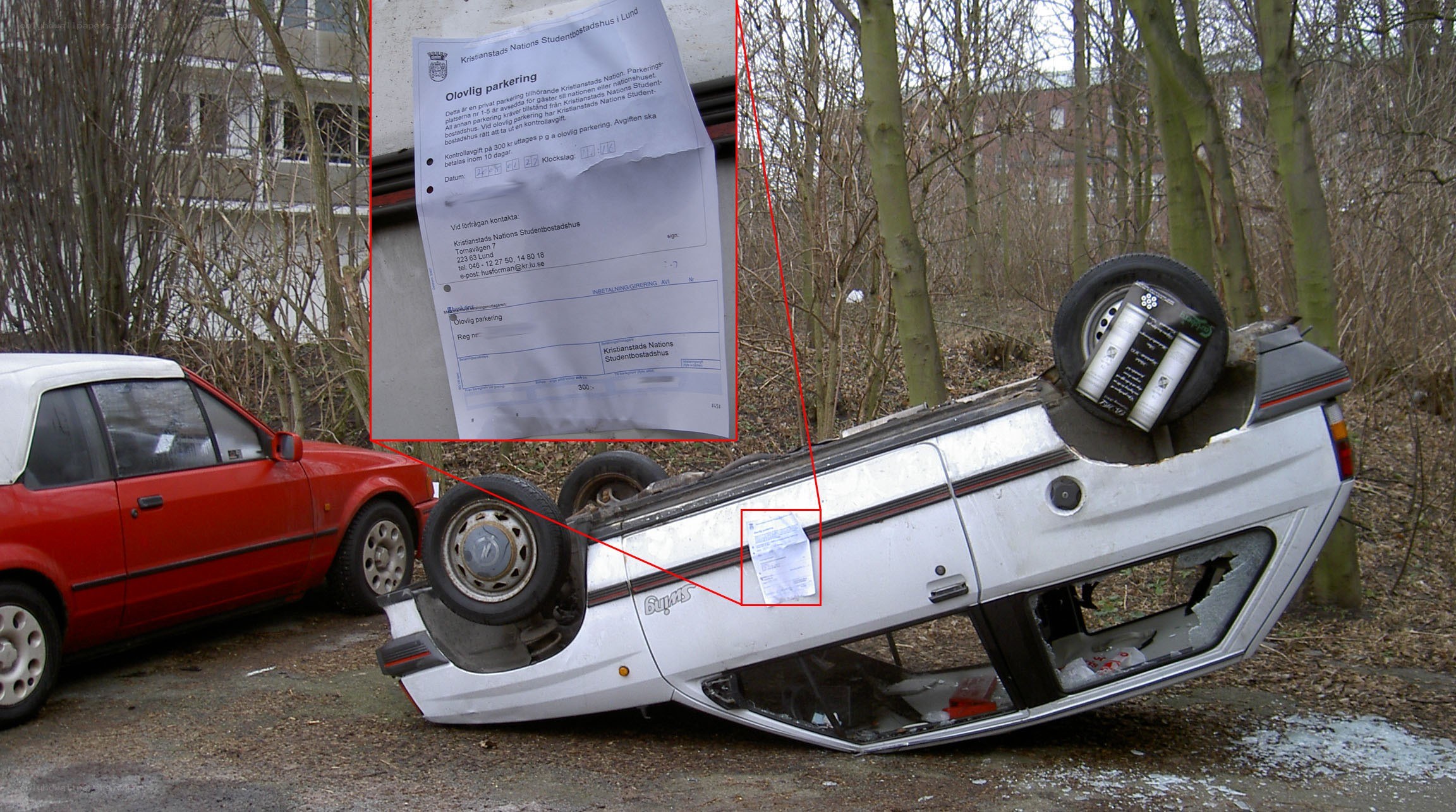 Car overturned with parking ticket