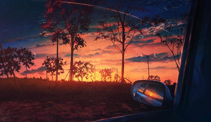 Car Side Mirror at Sunset — Orange