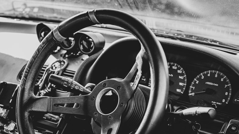 Car Steering Wheel — Black, Dramatic, Photograph