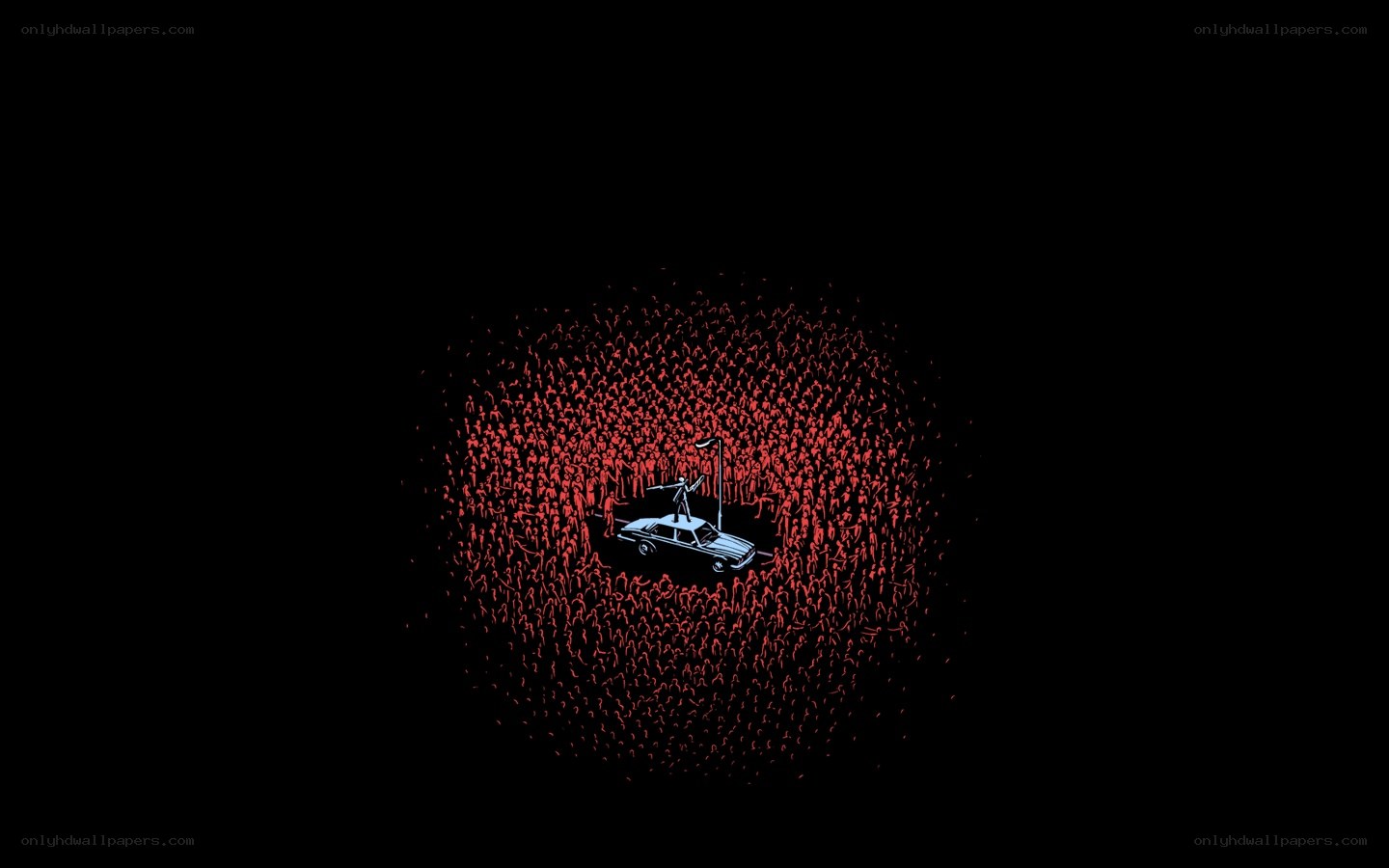 car surrounded by red figures