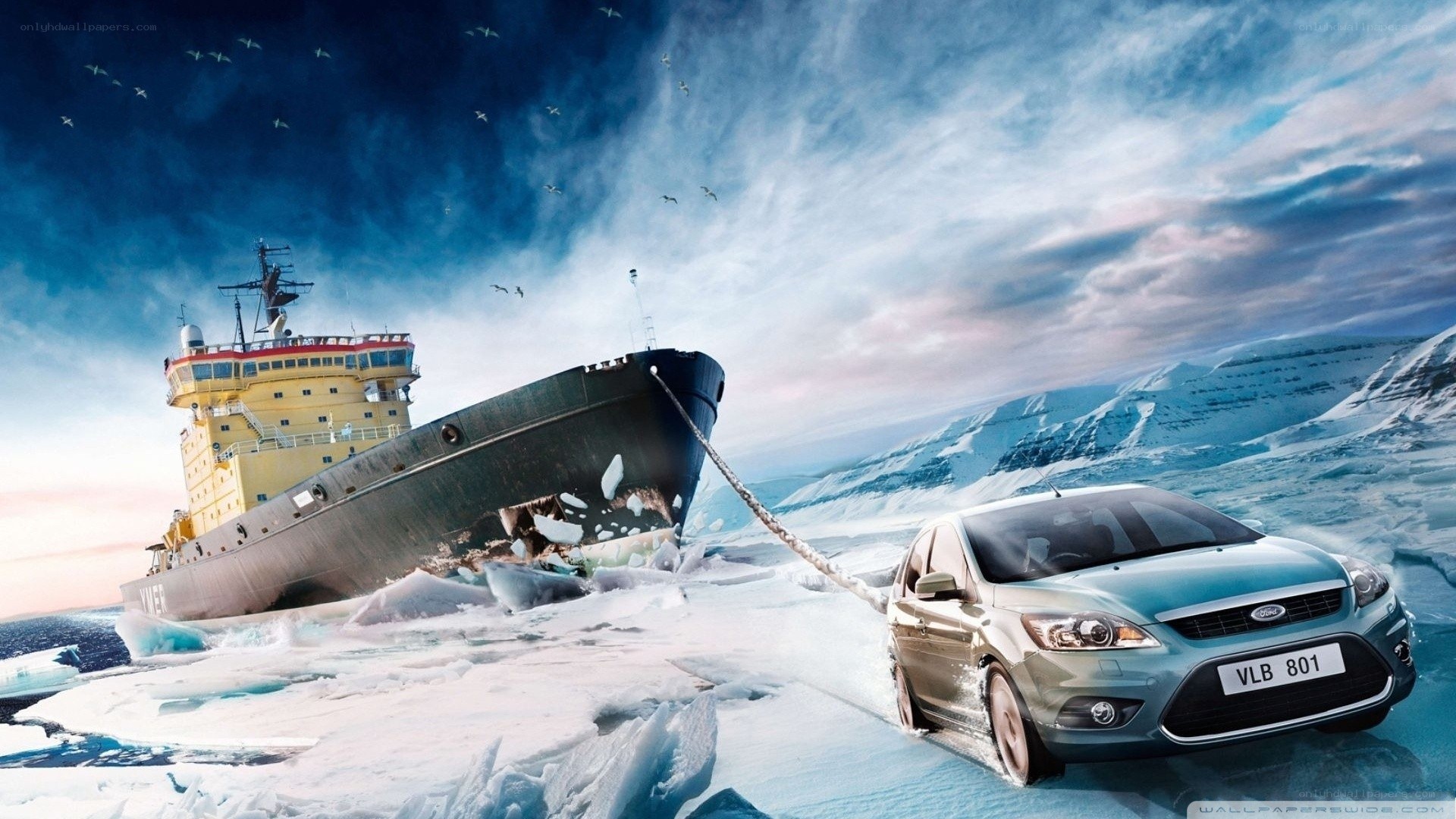 Car towing icebreaker in arctic