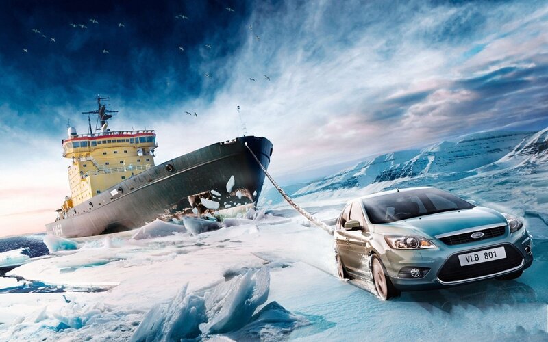 Car Towing Ship — Blue, Dramatic