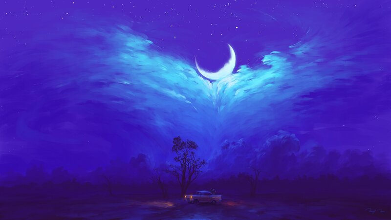 Car under Crescent Moon