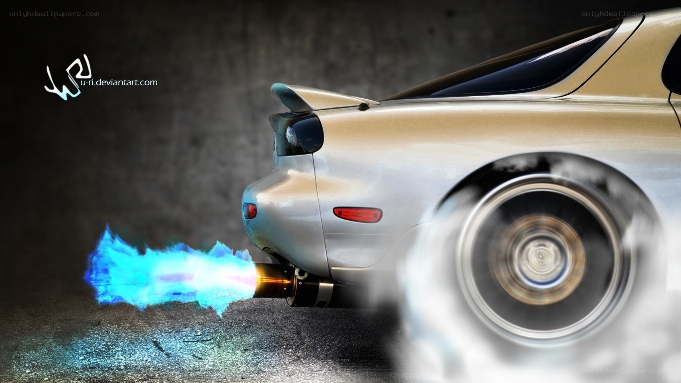 car with blue exhaust flames