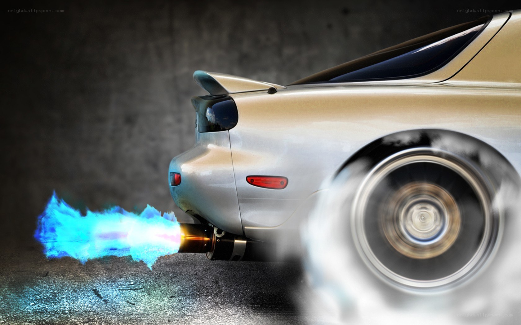 car with blue exhaust flames