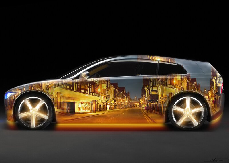 Car with city reflection
