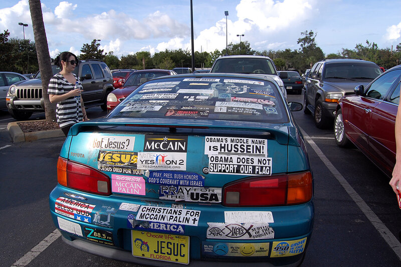 car with political stickers