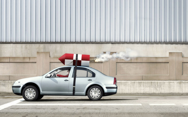car with rocket attached