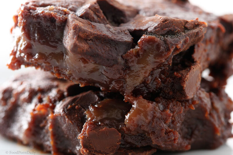 Caramel and cacao nib brownies