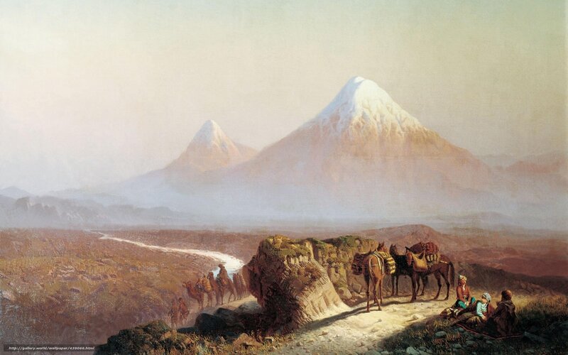 Caravan in Mountain Pass — Brown, Serene