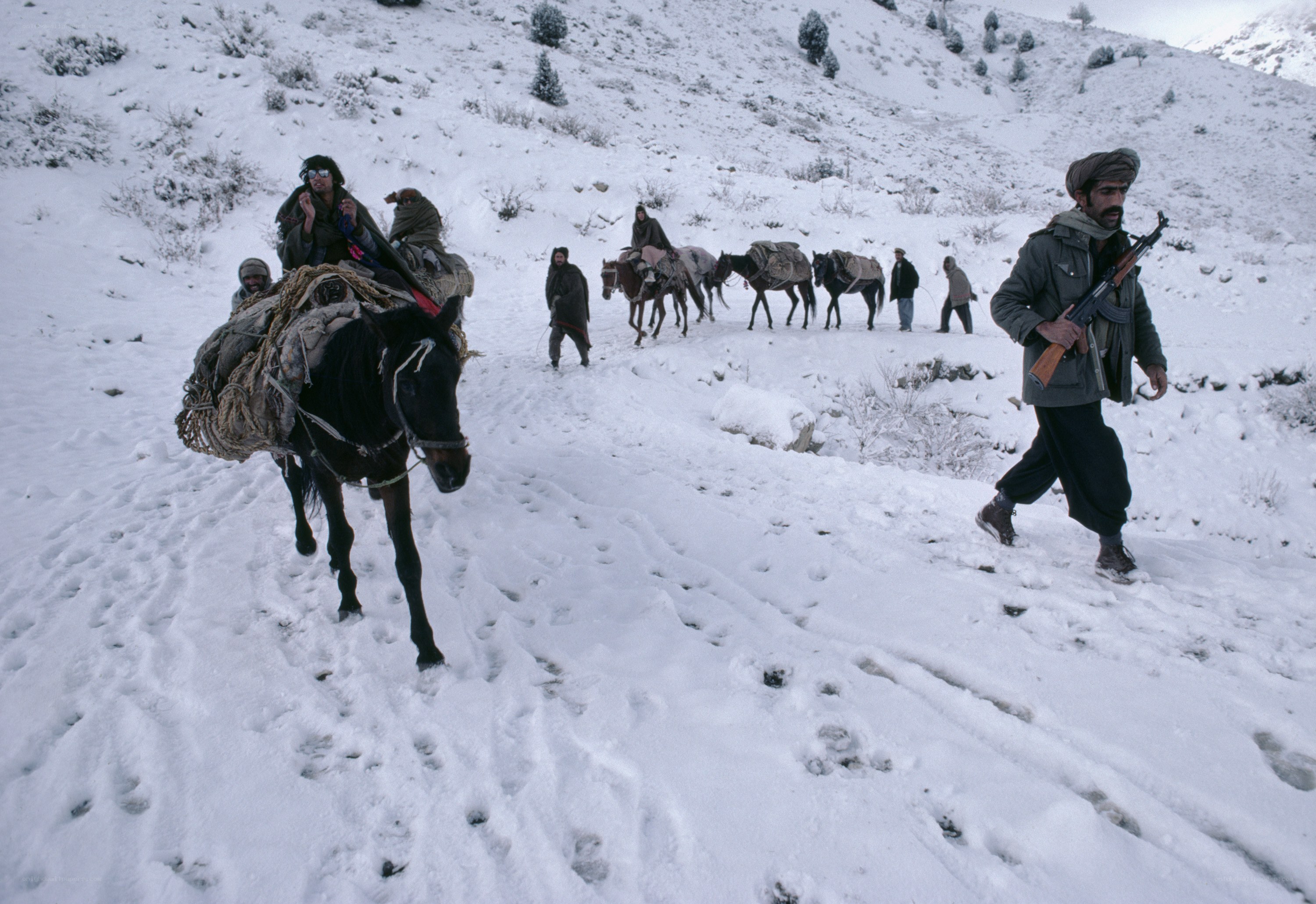 Caravan in snowy mountains