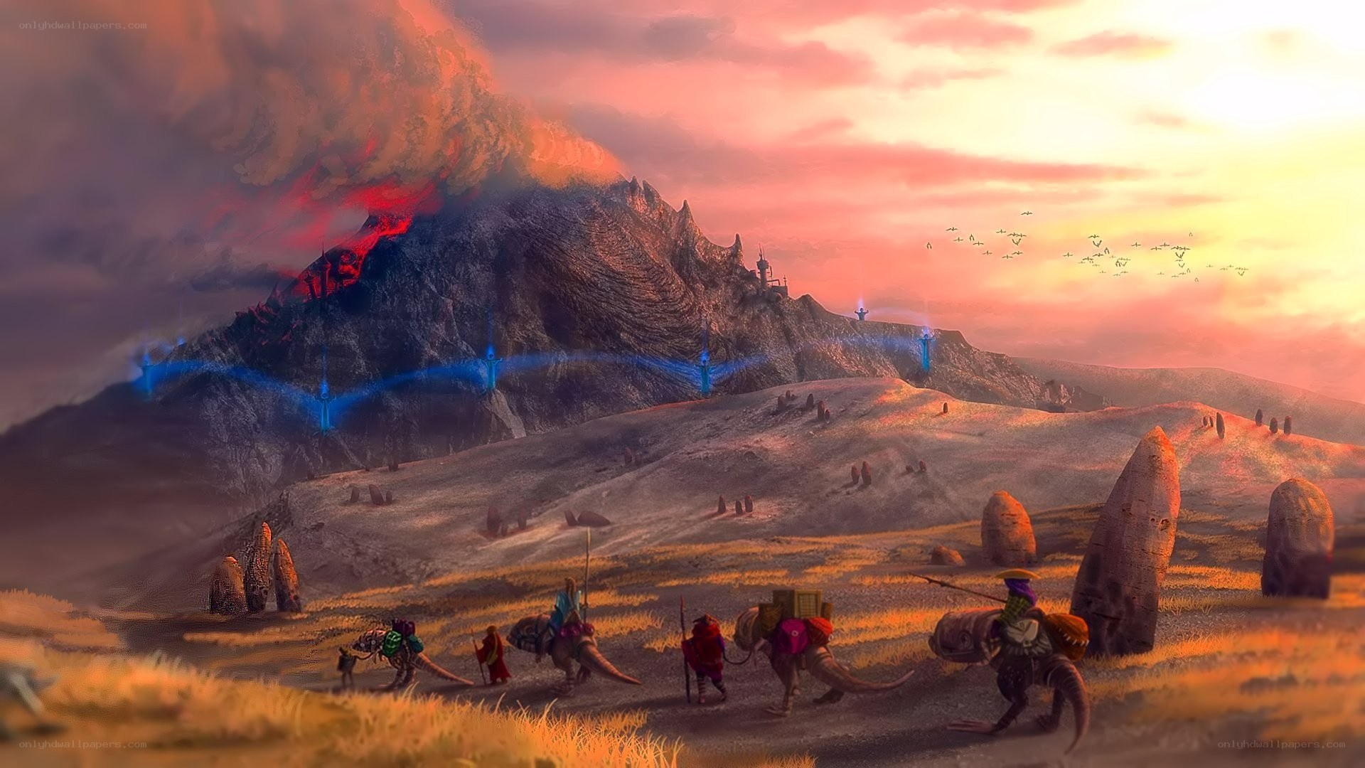 Caravan near a volcanic mountain