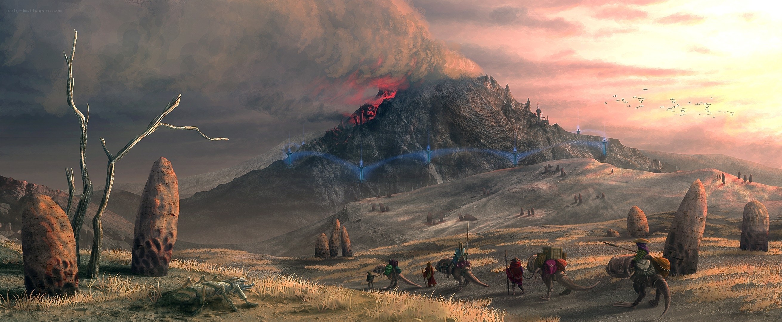 Caravan near erupting volcano