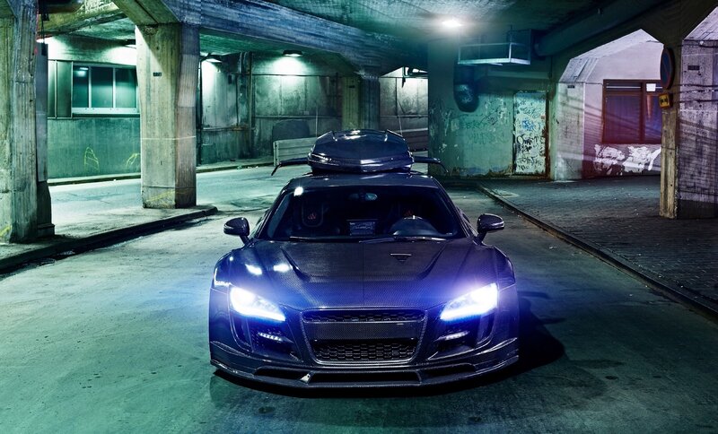 Carbon-fiber Sports Car — Black, Dramatic, Night, Photograph, Car Roof Box, Concrete Pillars