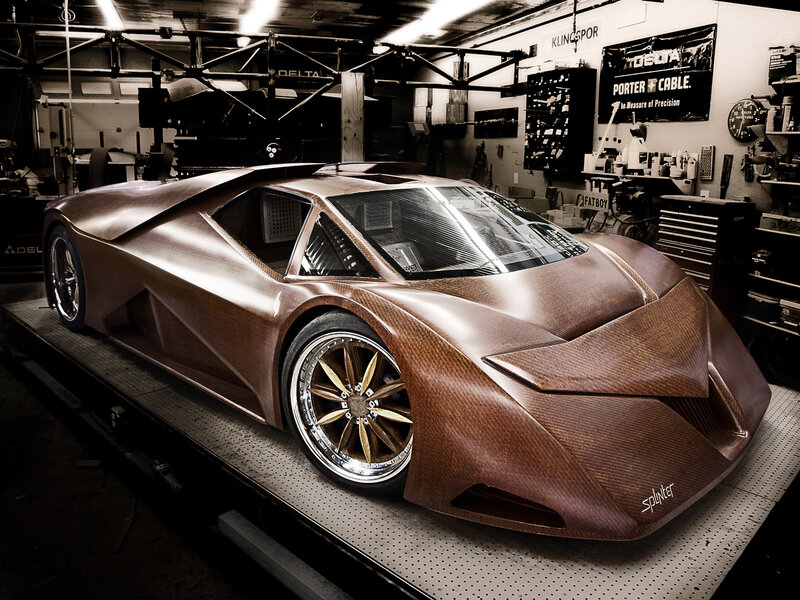 Carbon fiber sports car in workshop