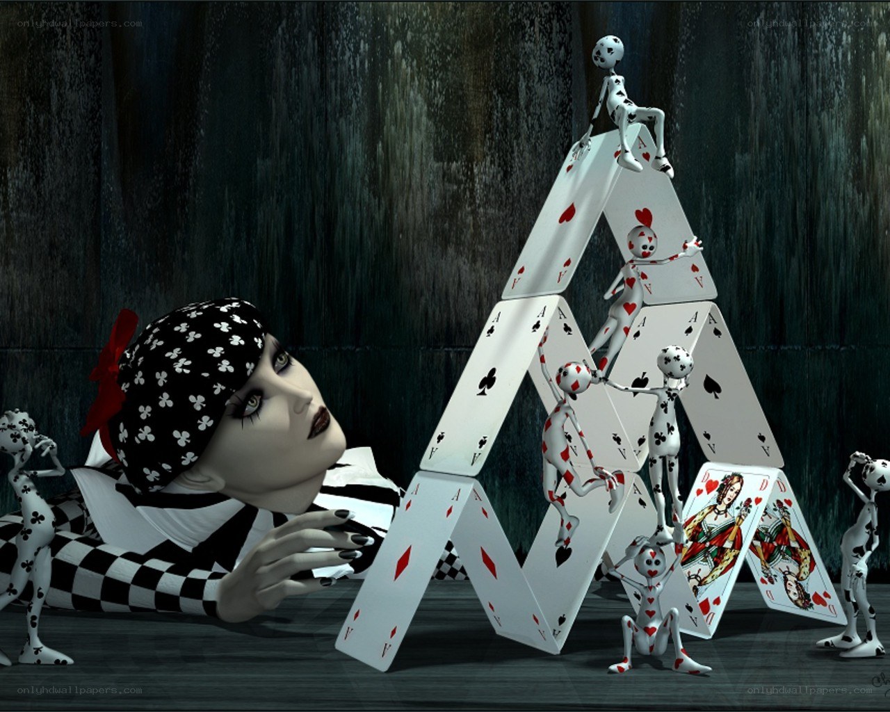 Card house with miniature figures
