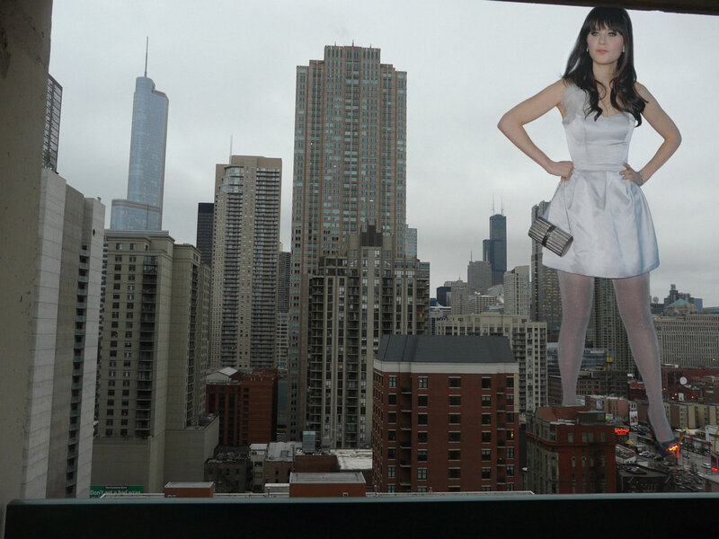Cardboard cutout in city view