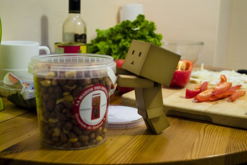 Cardboard figure on kitchen table