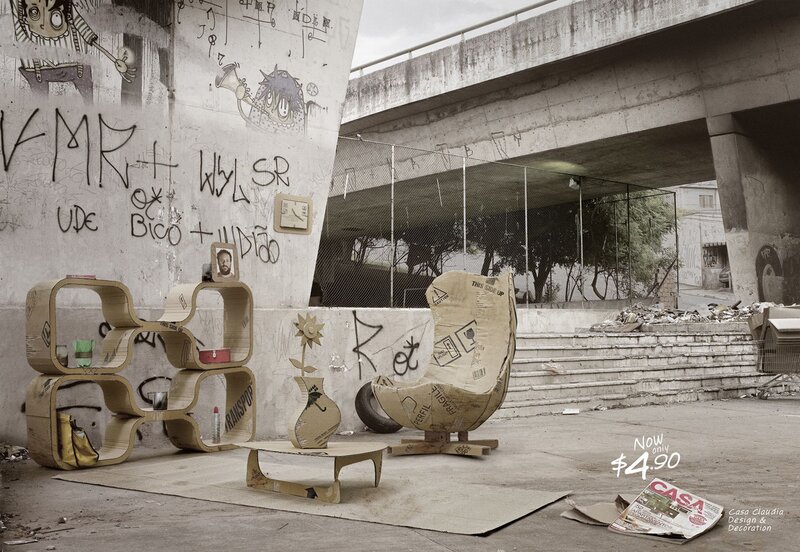 Cardboard furniture in urban setting