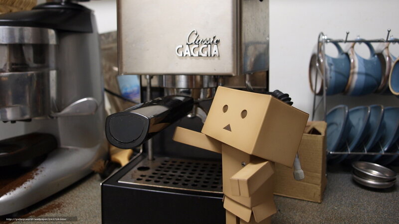 Cardboard Robot Figure — Brown, Calm, Photograph, Coffee Machine
