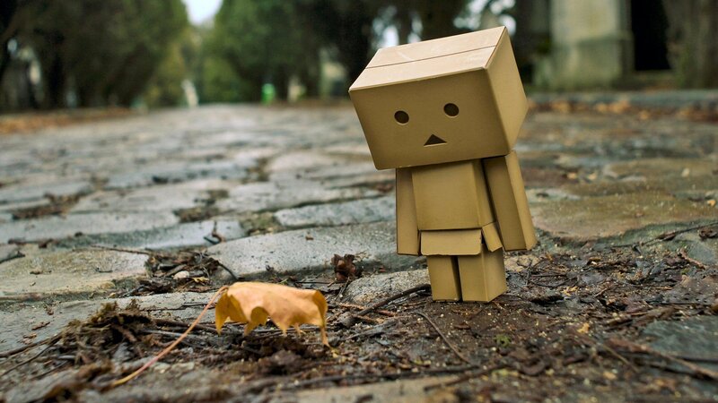 Cardboard Robot Figure — Brown, Melancholic, Autumn, Photograph, Leaf, Pavement, Trees