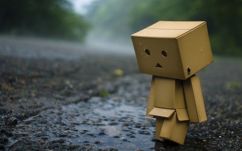 Cardboard Robot Figure — Brown, Melancholic, Morning, Photograph, Rain, Puddle
