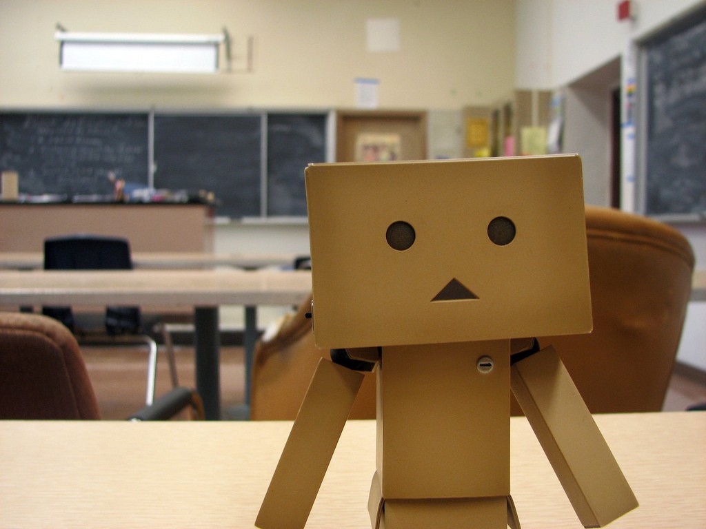 cardboard robot in classroom