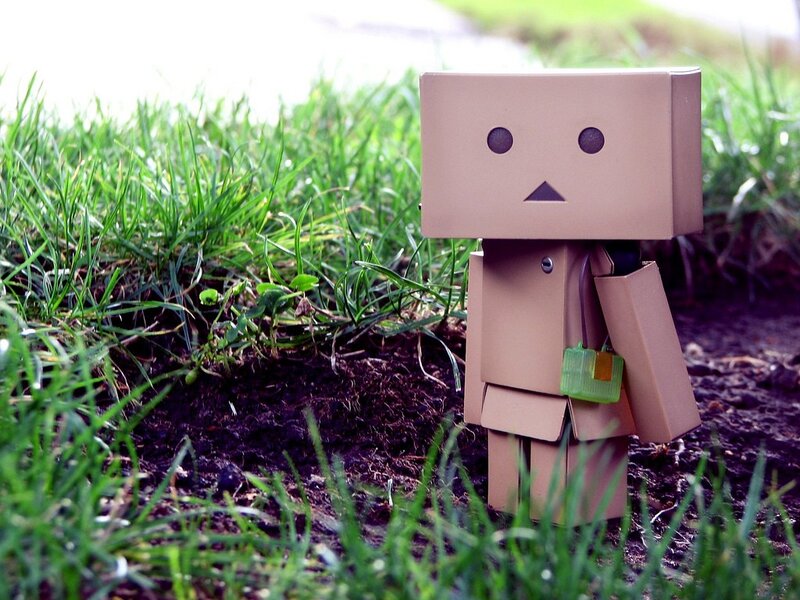 Cardboard robot in grass