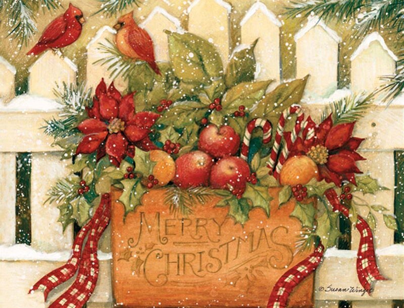 Cardinal Birds and Holiday Basket