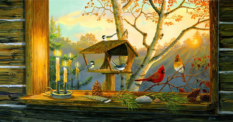 Cardinal Birds at Feeder — Brown