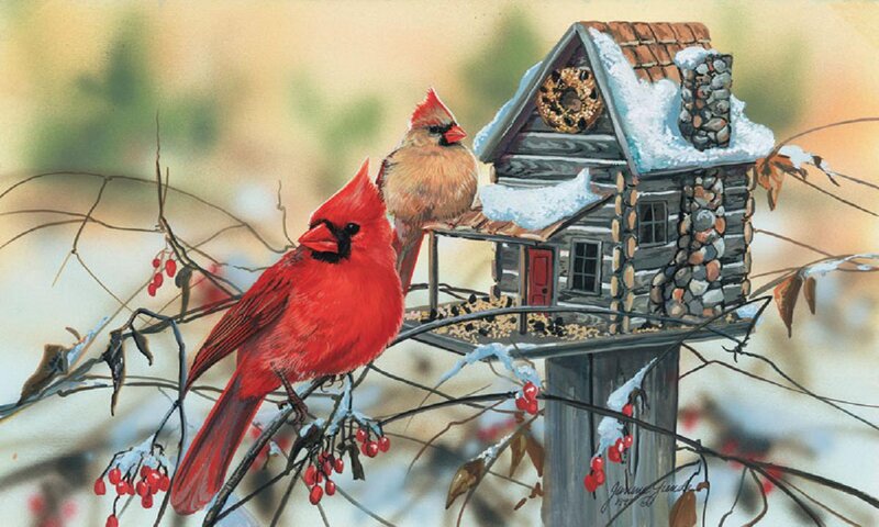 Cardinal Birds at Feeder — Red, Calm, Winter, Painting