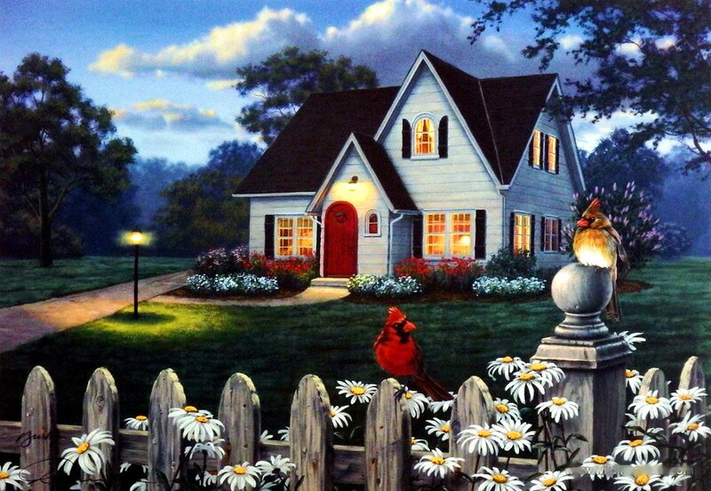 Cardinal Birds by Cottage