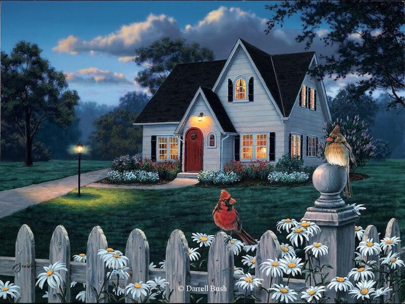 Cardinal Birds in Garden — White