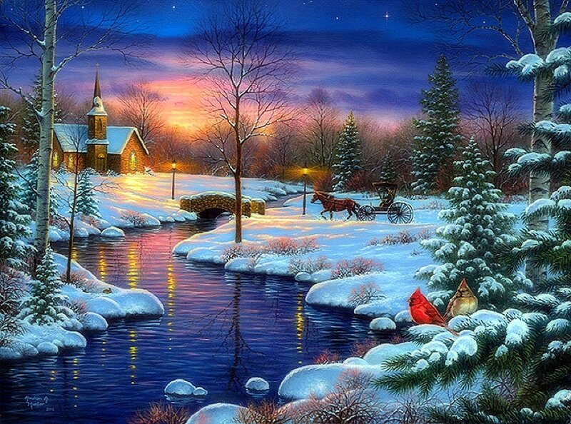 Cardinal Birds in Snow — Blue