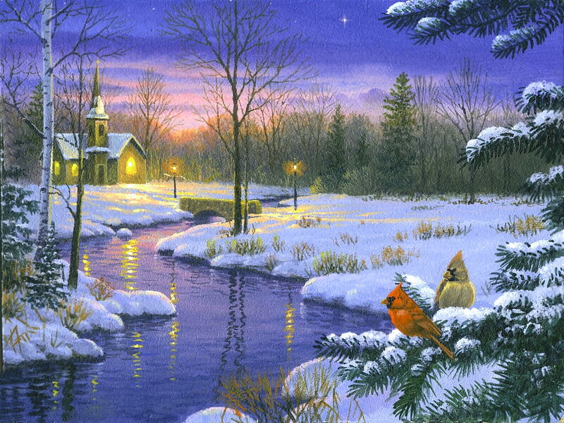 Cardinal Birds in Snow — Purple