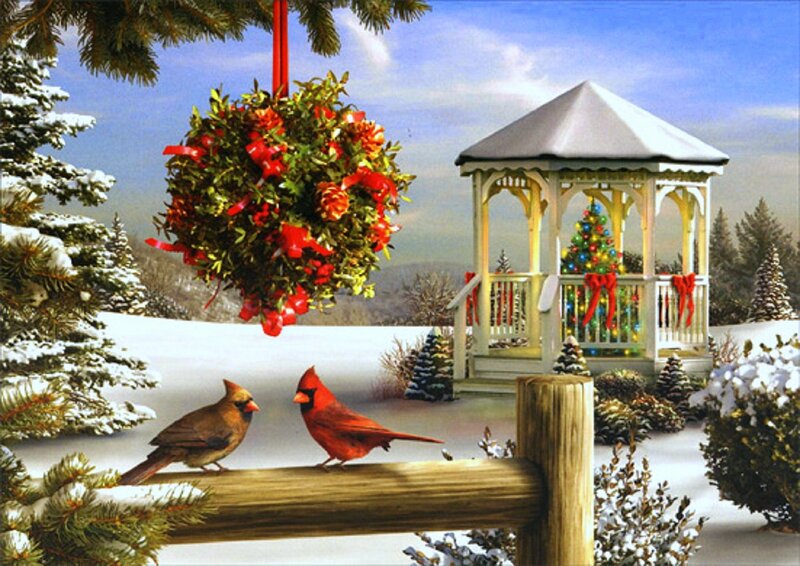 Cardinal Birds in Snow — Red, Festive, Winter, Illustration, Gazebo