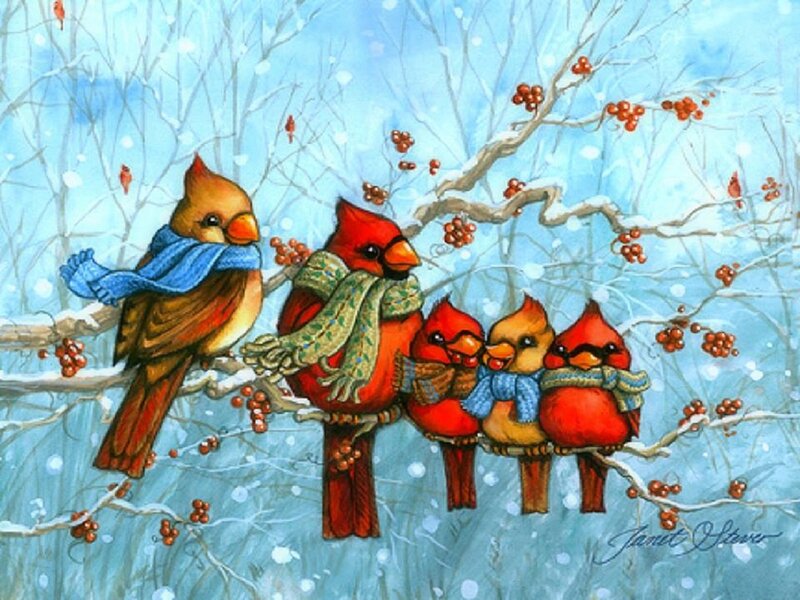 Cardinal Birds in Snow — Red, Festive, Winter, Illustration, Scarves