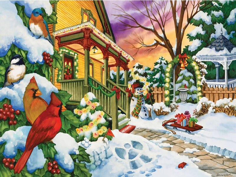 Cardinal Birds in Snow — Red, Festive, Winter, Illustration, Snowman