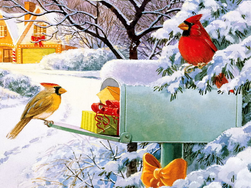 Cardinal Birds in Snow — Red, Festive, Winter, Illustration
