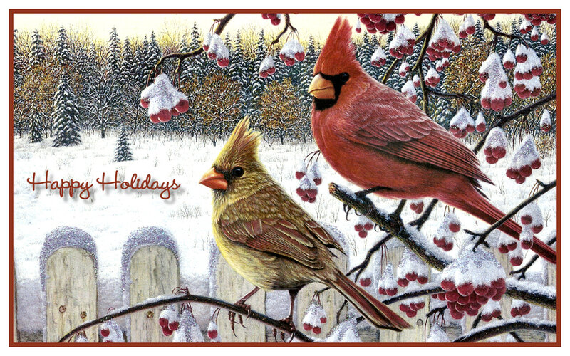 Cardinal Birds in Snow — Red, Peaceful, Winter, Illustration, Berries
