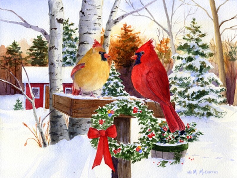 Cardinal Birds in Snow — Red, Peaceful, Winter, Painting, Birch Trees