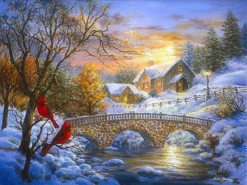 Cardinal Birds in Snow — Red, Peaceful, Winter, Painting, Bridge