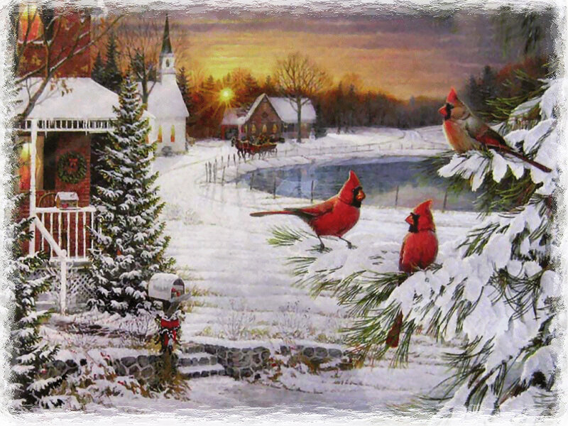 Cardinal Birds in Snow — Red, Peaceful, Winter, Painting, House
