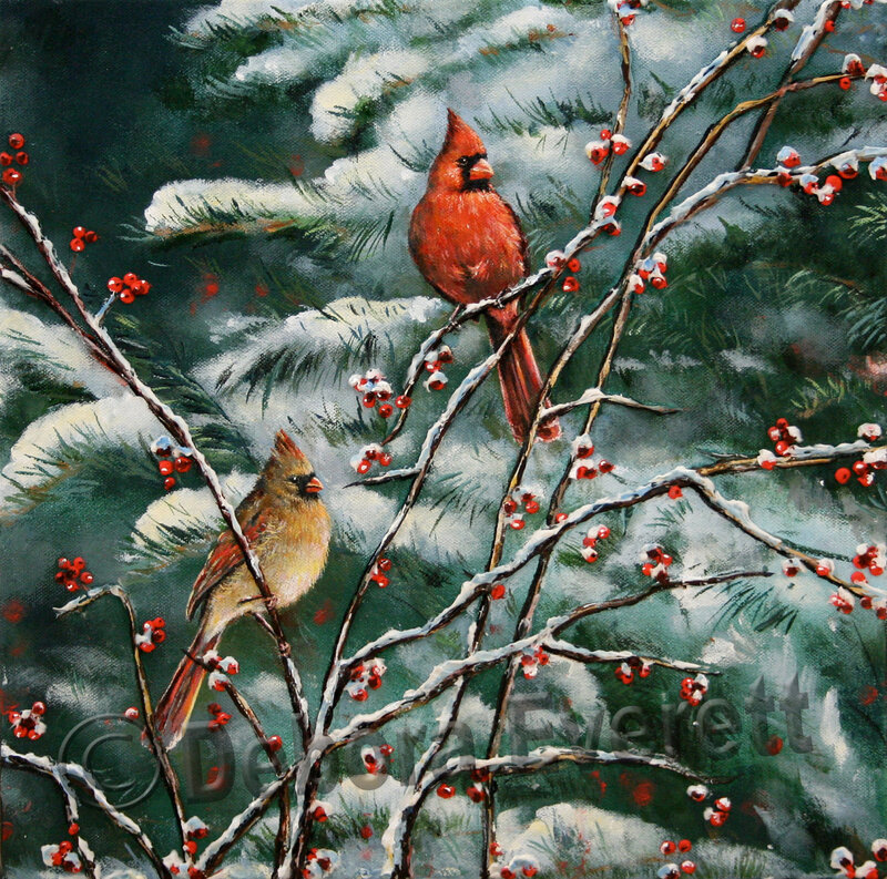 Cardinal Birds in Snow — Red, Serene, Winter, Painting, Berries, Branches