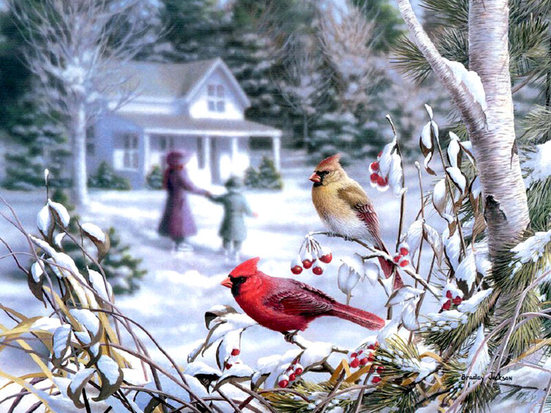 Cardinal Birds in Snow — Red, Serene, Winter, Painting, Berries