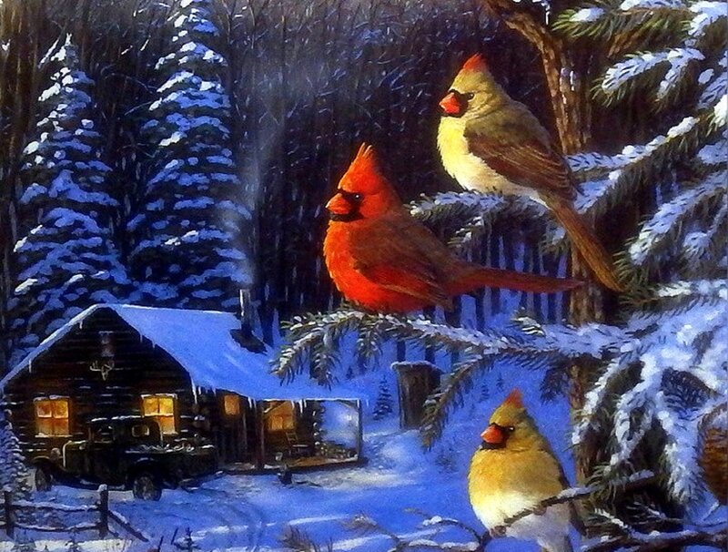 Cardinal Birds in Snow — Red, Serene, Winter, Painting, Cabin