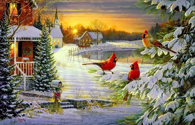 Cardinal Birds in Snow — Red, Serene, Winter, Painting, Pine Trees