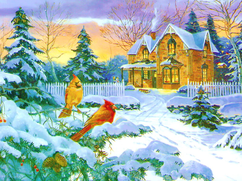 Cardinal Birds in Snow — White, Peaceful, Winter, Painting, House